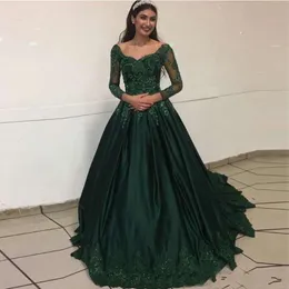 Dunkelgrünes Abendkleid in A-Linie, schulterfrei, Spitzenapplikationen, Kristallperlen, lange Ärmel, Satin, Sweet 16-Party-Abendkleid