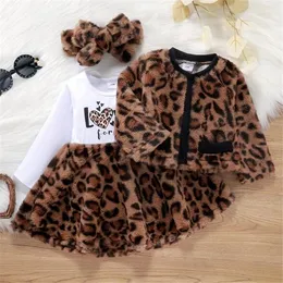 3Pcs Spring Autumn kids Baby Girls Clothes Set Letter Print Long Sleeve Dress Fashion Leopard Coat Headband Infant Toddler Girl Clothing