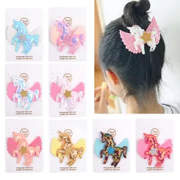 Sequin Glitter Unicorn Wings Hairpins Baby Girls Cartoon Pin Bows Hair Clip Kids Söt Barrettes Headwear Hårtillbehör A317