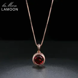 LAMOON Crystal Necklace For Women Natural Round Garnet 925 Sterling Silver Chain Pendant 18K Rose Gold Plated Fine Jewelry NI064 Q0531