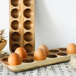 Kitchen Containers Acacia Wood Double-Row Egg Storage Box Household Refrigerator Egg Rack Accessories Container Storage Kitchen 201022
