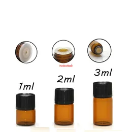 1ml 2ml 3ml Mini Amber Essential Oil Glass Bottle Travel Exempel Liten flaska Parfym Dropper Test Flaskor 100st Gratis ShippingPS-order