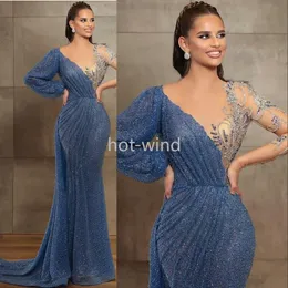 2022 Nya blåaftonklänningar Jewel Neck Beaded Sequined Lace Långärmad Mermaid Prom Dress Sweep Train Anpassad Illusion Robes de Soirée Ee