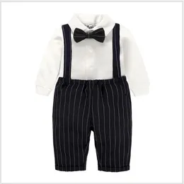 Baby Boys Gentleman Style Clothing Sets Infant Boy White Long Sleeve Shirt With Bowtie+Striped Suspender Pants 2pcs Set Toddler Kids Suit