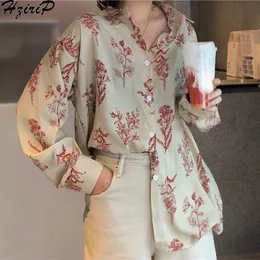 Hzirip 2019 nova primavera moda casual mangas compridas retrô slim solta solteira breasted blusa fresca All-Match Print Shirts T200321