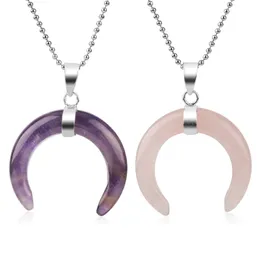 Naturlig kristall sten hängsmycke silver färg halsband Crescent Moon Double Horn Pendants för kvinnliga män helande smycken