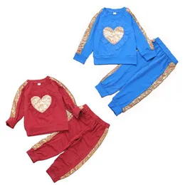 Barnkläder Tjejer Pojkar Kärlek Outfits Barn Sequins Lace Heart Shape Toppar + Byxor 2st / set Alla hjärtans dag Mode Baby Kläder