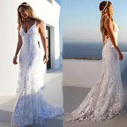 2021 Sexy Backless Mermaid Wedding Dresses Spaghetti Straps Sweep Train Embroidery Lace Applique V Neck Wedding Gown vestido de novia