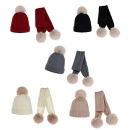 Barnens knithattduk 2 stycken Set Winter Warm Cap Kids Baby Boy Girl Faux Fur Pom Poms Soft Hat Scarves TD469