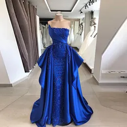 아랍어 로얄 블루 댄스 파티 드레스 2021 섹시한 끈이없는 빛나는 빛나는 이브닝 가운 새틴 스윕 기차 로브 드로이어 커스텀 메이드 262a