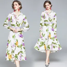 印刷された女性のドレス長袖のハイエンド2021春秋のシャツのドレスファッションエレガントな女性のミディドレスの気質フリルのドレス