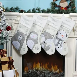 Penguin Design White Stocking Christmas Nonwoven Stocking Merry Christmas Candy Socks Kids Gift Bag Xmas Home Pendant SN1708