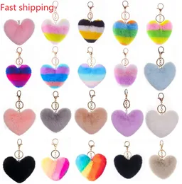 Fast Shipping Fashion Splicing Heart Ball Pom Pom Keychain Fluffy Faux Rabbit Fur Pompom KeyChain Women Bag Charms Trinket Christmas Keyring