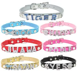 DIY Pet dog Personalized Rhinestone Letter Name collars Black pu Leather Choker Collar Neck for Gifts