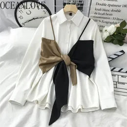 OCEANLOVE Gefälschte 2 Pcs Blusas Mujer Herbst Langarm Patchwork Shirts Elegante Chic Koreanische Bluse Tops 18987 220307