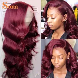 Ombre Red Lace Front Wigs Human Hair Body Wave Transparent Colored Burgundy Lace Frontal Wigs for Women Wavy