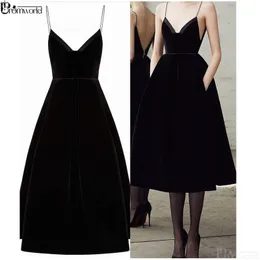 Black Short Homecoming Dresses 2020 V Neck Spaghetti Straps Tea Length Sexy Prom Dress with Pockets Party Cocktail Gowns