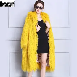Nerazzurri falsa casaco de pele inverno mulheres com capuz longo amarelo peludo peludo peludo sobretudo de pele de pele de grandes dimensões frouxas macias outerwear 201210