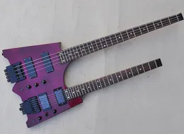 Purple 4+6 Strings Headless Double Neck Electric Guitar with Rosewood Fretboard,Flame Maple Veneer,Can be customized