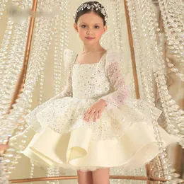 Glitter White Sequined Flower Girl Dresses Long Sleepes Birthday Wedding Guest Robe de Demoiselle Princess Communion