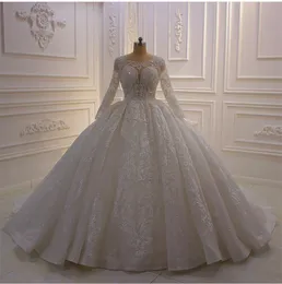 2021 Glitter vestido de baile vestidos de noiva Jewel Neck manga comprida de Luxo Lace apliques vestidos de noiva Plus Size Wedding Dress vestes de mariée