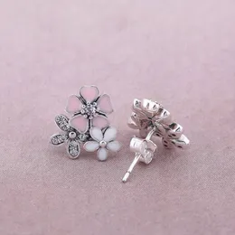 Senior Designer Authentic Sterling Silver Flowers Stud Earring Box för rosa emalj Daisy Söta kvinnliga flickorörhängen