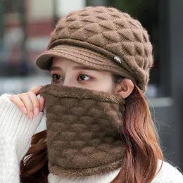 女性秋の冬のビーニーハットスカーフセット濃い温かい毛皮の帽子レディニットスカリービーニーメスビーニースカーフ