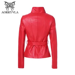 Aorryvla Yeni Bahar Kadın Deri Ceket Kırmızı Renk Turn-down Yaka Kısa Uzunluk Ince Stil Moda Faux Deri Ceket 2020 LJ201127