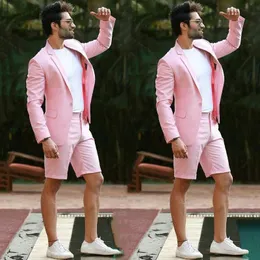 Summer Short Pants Suits Pink Linen Men For Beach Wedding Groom Tuxedos Groomsmen Man Costume Homme 2Piece