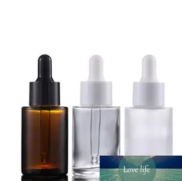 Wholesale 30ml Flat Shoulder Frosted Clear Amber Glass Round Essential Oil Serum Bottle With Glass Dropper for cosmetics essence SN1162