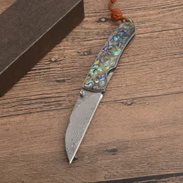 High End 7,5" Damaskus fickkniv Damaskus stålblad Abalone skal Handtag EDC fickknivar Presentkniv med nylonpåse