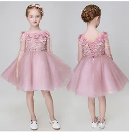 Дешево Розовое Цветочное платье девушки 2019 Детская свадебное платье цветка кружева шарнирное платье первые вечерние платья