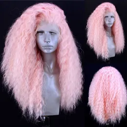 Rosa färg långa lockiga afro peruker syntetisk spets fram peruk hög temperatur värmebeständigt fiber hår spetsar peruker för kvinnor