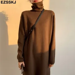 Casual Höst Winter Pile Collar Tjock Maxi Weater Pullovers DRES Basic Loose Sweater Kvinna Turtleneck Lång klänning 211221