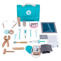 Rowsfire 18-teiliges Kinder-Holz-Zahnarzt-Werkzeugkasten, medizinisches Spielset mit Stethoskop 210312