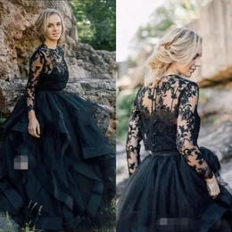 Black Lost Wedding Dresses 2021 Długie Rękawy Klejnot Koronki Neck Tulle A Linia Suknie Ślubne Gothic Boho Zadłane Vestido De Novia Al7376