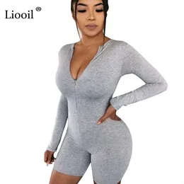 القطن أسود رمادي bodycon playsuit النساء ارتداء على كلا الجانبين مثير بذلة الخريف zip up حزب نادي رومبير حللا السراويل 201007