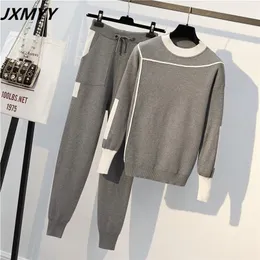 JXMYY Autumn Runway 2 Pieces Set Knitted Long Sleeve Pullovers Sweater Casual Patchwork Knit Jumper Tops and Pants Suits 220315
