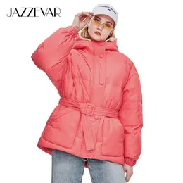 Jazzevar 2019 Vinter New Fashion Street Designer Märke Kvinnor 90% Duck Down Jacket Pretty Girls OuterWear Coat With Belt Z18004 T200107