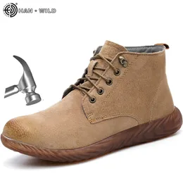 Genuine Leather Shoes Safety Work Boots Men Crazy Horse Steel Toe Boot Mens Fashion Desert Popular High Top Male