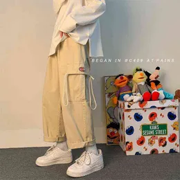 貨物パンツ男性Techwear Spring韓国緩いヒップホップストレートワイルドワイドレッグカジュアルズボンストリートウェアポケットカーキスウェットパンツG220224