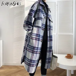 Foryunshes Kadınlar Kış Yün Mont Kadın Ekose Baskı Retro Sıcak Kalın Uzun Ceket Outtoats Kore Tarzı Dış Giyim 201027