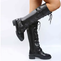 Boot Chunky Platform Leather Knee High Boots Women Retro Punk Height Increasing Long Woman Lace Up Booties Winter Botas Mujer 22