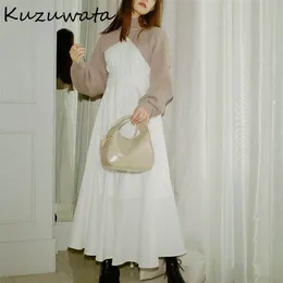 Kuzuwata Autumn Vestidos Fashion Women Robes Sticked Long Sleeve Shawl Stand Collar Drawstring Slim Midjeklänningar 2st Set 220221