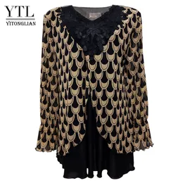 Yitonglian Winter Women Plus Size Patchwork V-Neck Koronki Aplikacje Flare Szyfon z długim rękawem Kobiece Drukuj Koszula 8XL T200321