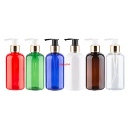 220 ml Puste kolorowe okrągłe butelki plastikowe z pompą ze złotą aluminiową pompę 12 sztuk butelki balsam domowych stosowany do szamponu Prysznicowy Pakiet Gelgood