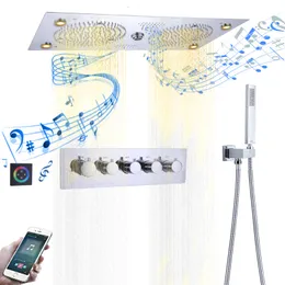 Chave de chuveiro termostático polido cromado 620 * 320mm LED com música Recursos do banheiro Sistema de chuveiro escondido