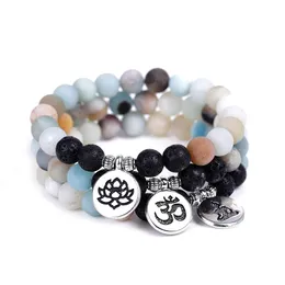 Frosted Amazon Stone Strand Bracelet Lava Stone Beads Bracelets Lotus OM Buddha Charms Yoga Strench Women Men Friendships Jewelry