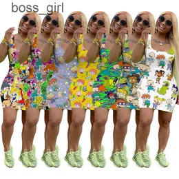 Women Mini Skirt Cartoon print Sleeveless Summer Dress Designer One Piece Dress High Quality Skinny Luxury Clubwear