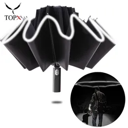 Forte antivento automatico 3 pieghevole ombrello inverso pioggia donne striscia riflettente 10K ombrellone grandi affari ombrelli uomini 201112